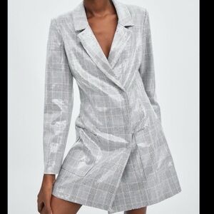 Zara Trafaluc Sequin Plaid Blazer Dress Sz M